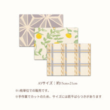 画像をギャラリービューアに読み込む, ふすま紙カットサンプルのA5サイズ（約15cm×21cm）イメージ。麻の葉柄・レモン柄・チェック柄の3種を並べて比較。手作業カットのため若干サイズにばらつきがあります。
