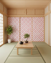 画像をギャラリービューアに読み込む, 簡単に貼り替えできる 華木瓜紅柄ふすまリメイクシート 和室施工イメージ
